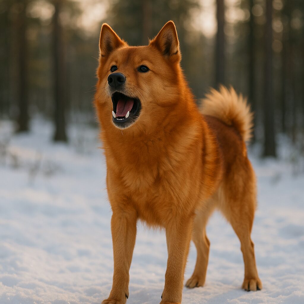Finnish Spitz debout sur la neige, posture alerte, ouvert la gueule en train de vocaliser