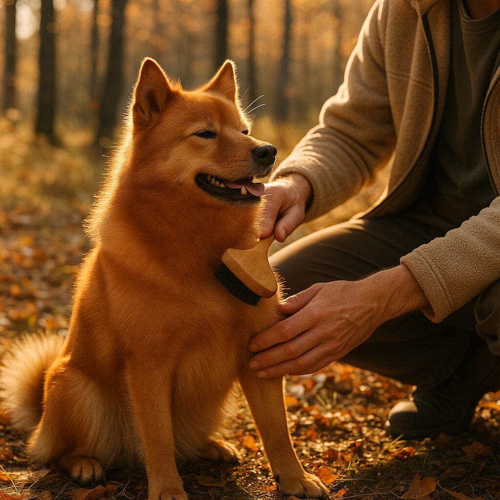 Propriétaire brossant un Finnish Spitz dans un sous-bois, ambiance automnale, pelage brillant