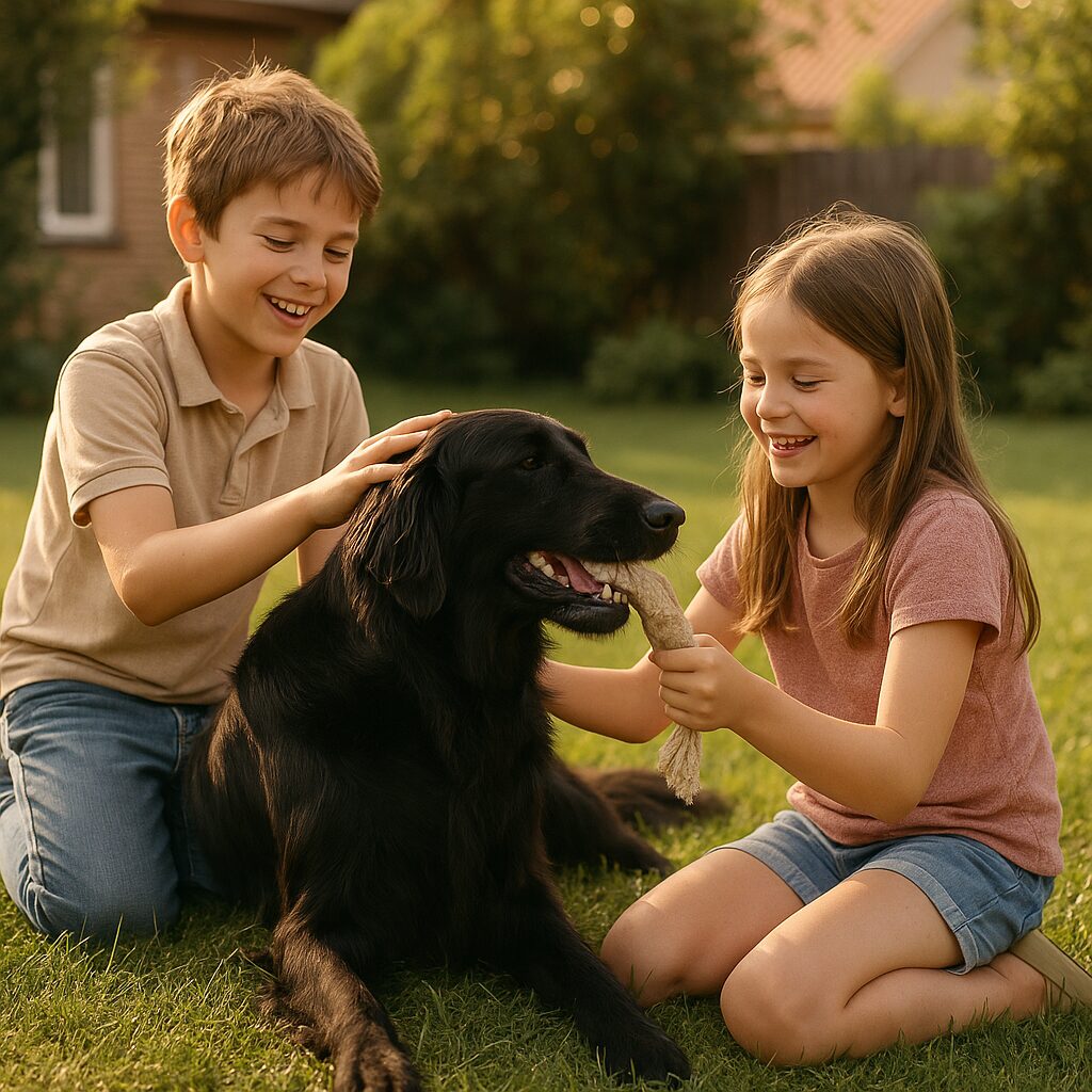 Famille jouant avec un Flat‑Coated Retriever dans le jardin, moment de complicité