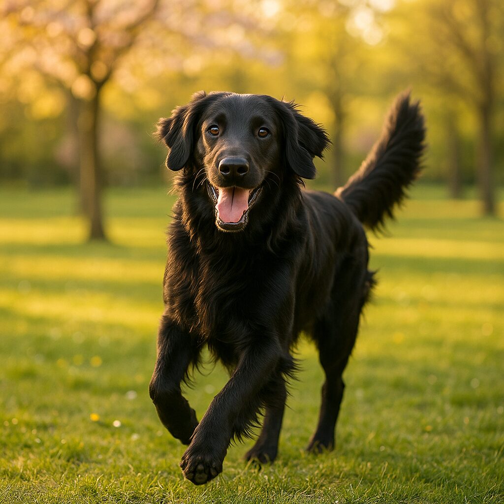 Flat‑Coated Retriever courant dans un parc, jouant avec un bâton