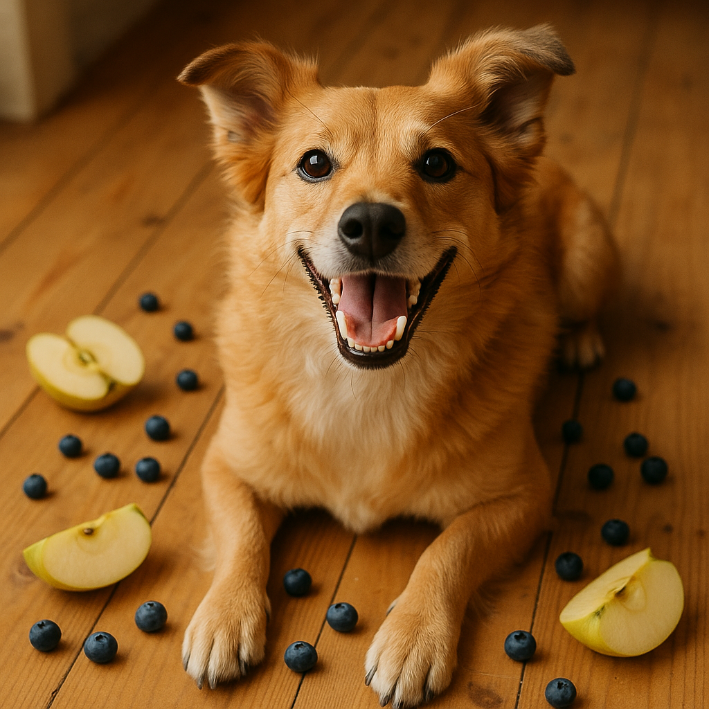 Chien heureux avec des morceaux de pomme et de myrtille