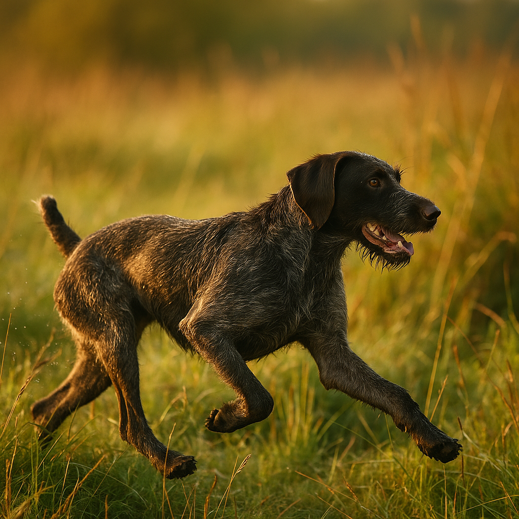 German Wirehaired Pointer courant dans un champ, silhouette athlétique et poil dur