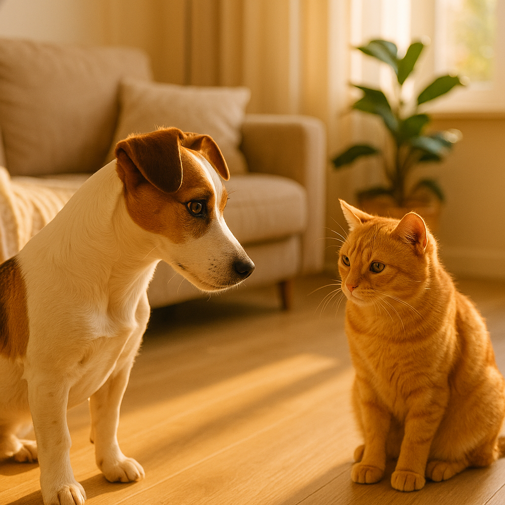 Un Jack Russell en observation face à un chat