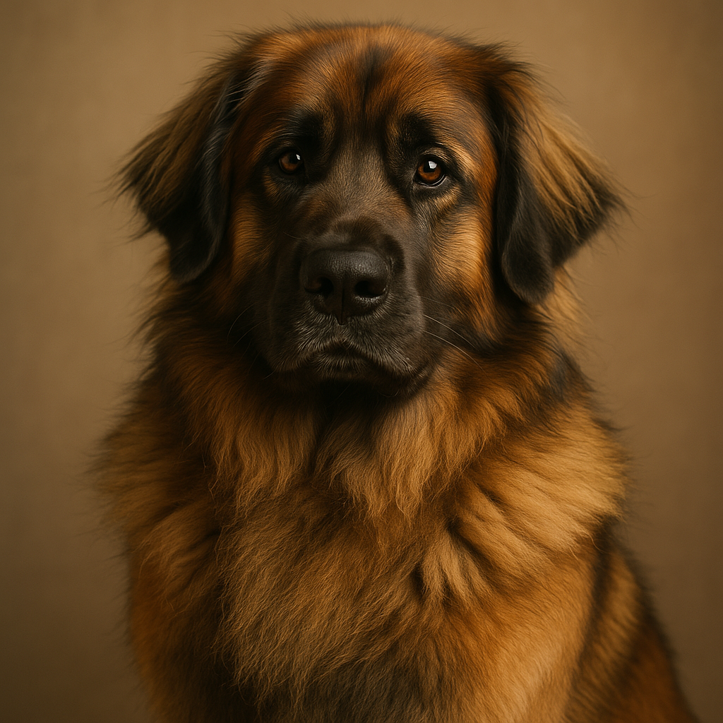 Portrait d’un Leonberg assis, regard doux et fourrure dorée bien entretenue