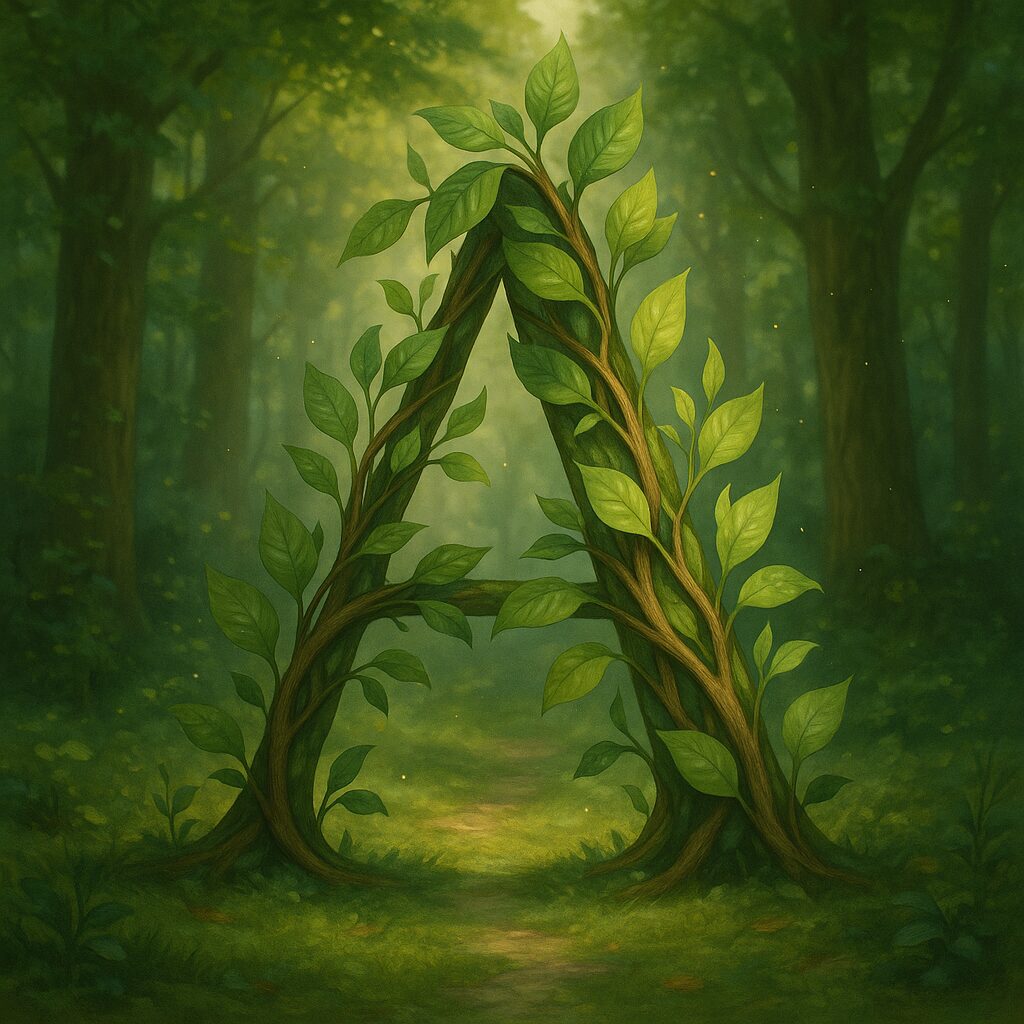 Illustration artistique d'une lettre A formée de feuilles et de branches