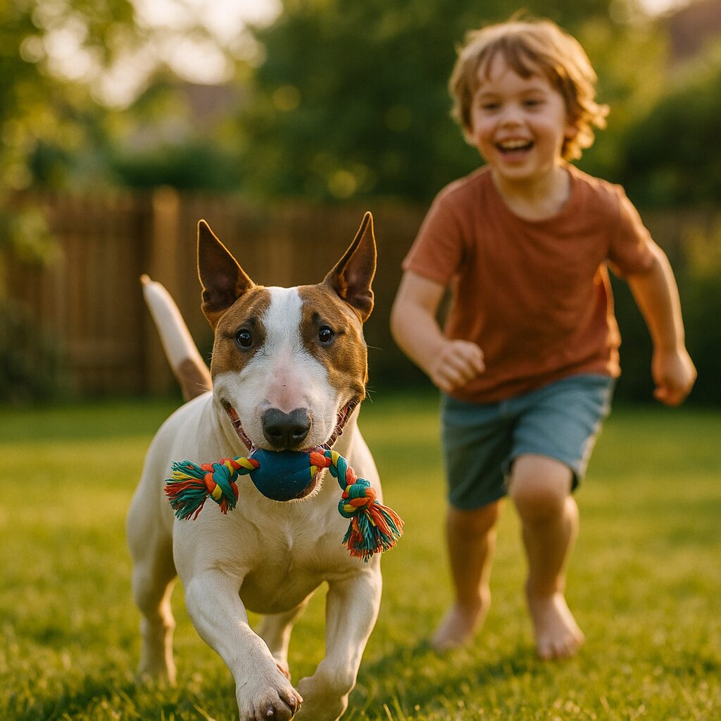 Miniature Bull Terrier joueur tenant un jouet, illustration de la complicité avec un enfant