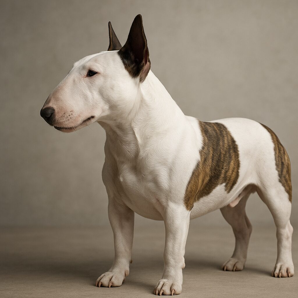 Miniature Bull Terrier de profil montrant une musculature compacte et un port de tête caractéristique