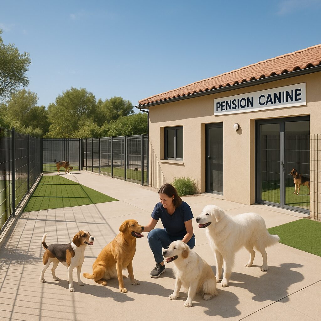 Cour extérieure d'une pension canine moderne à Montpellier avec chiens en promenade