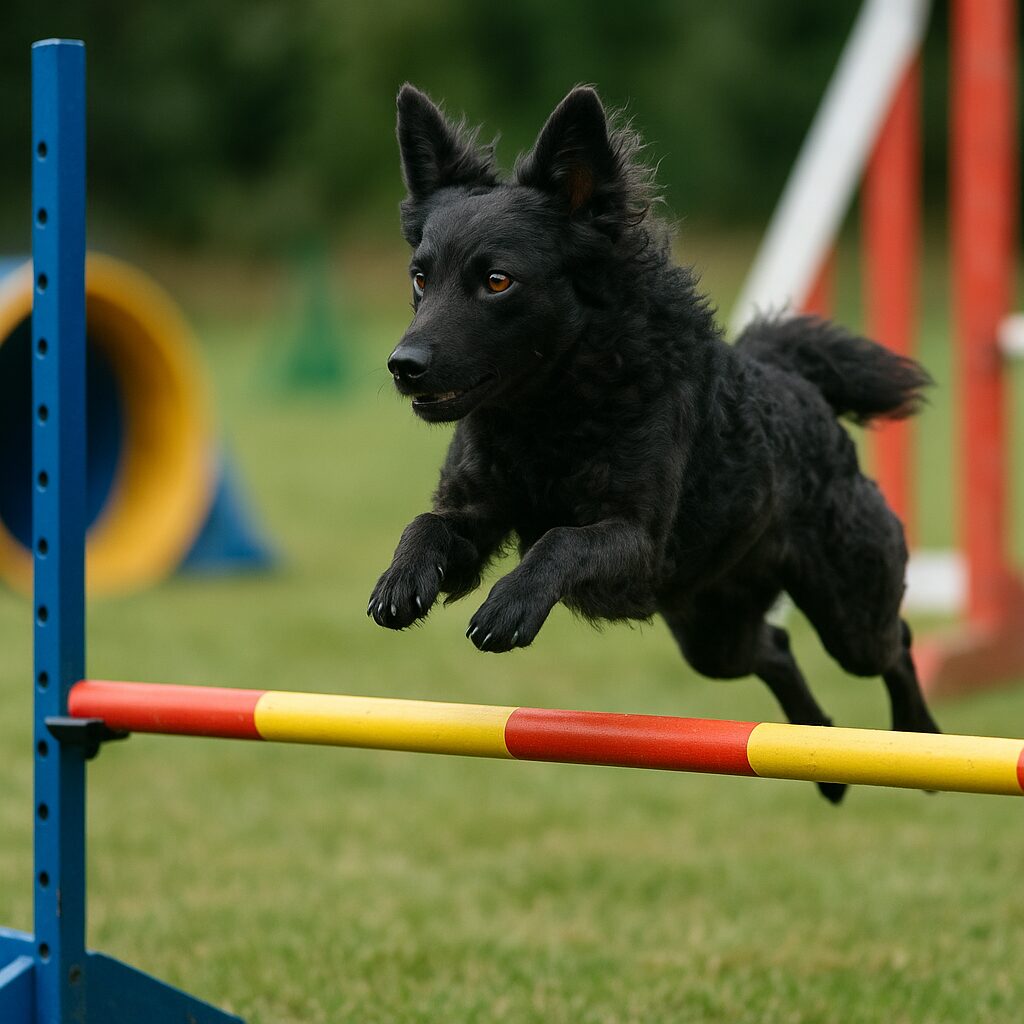 Mudi courant sur un parcours d'agility, suspension en plein saut