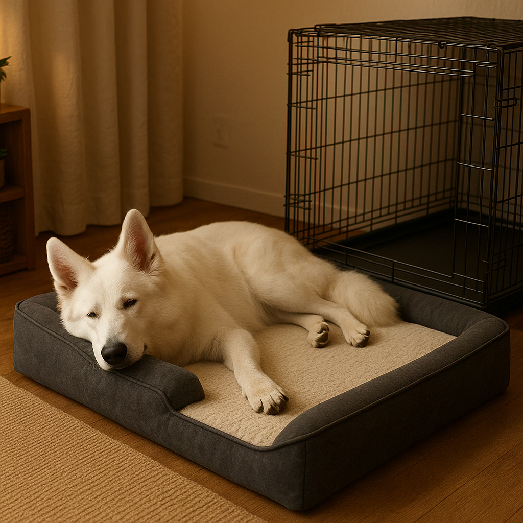 Swiss Shepherd resting in a cozy orthopedic dog bed beside a crate