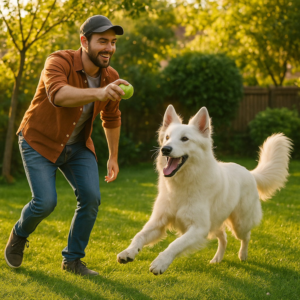 Owner playing fetch with a Swiss Shepherd in a backyard