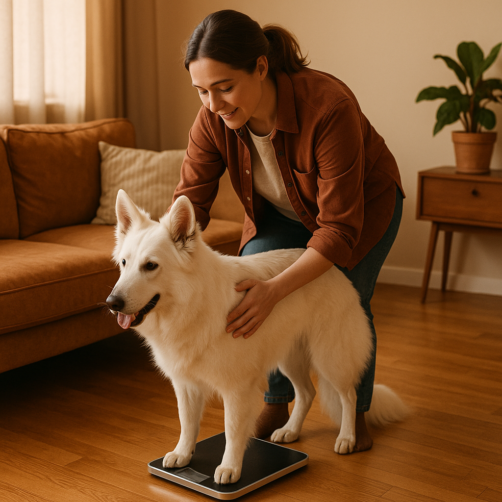 Owner weighing a Swiss Shepherd on a scale