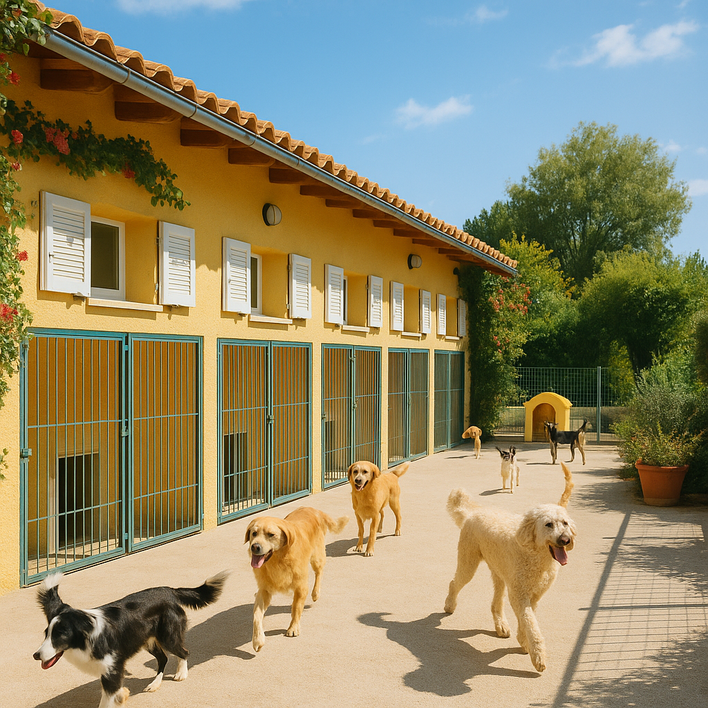 Intérieur d'une pension pour chiens à Cannes avec box individuels et espace de jeu