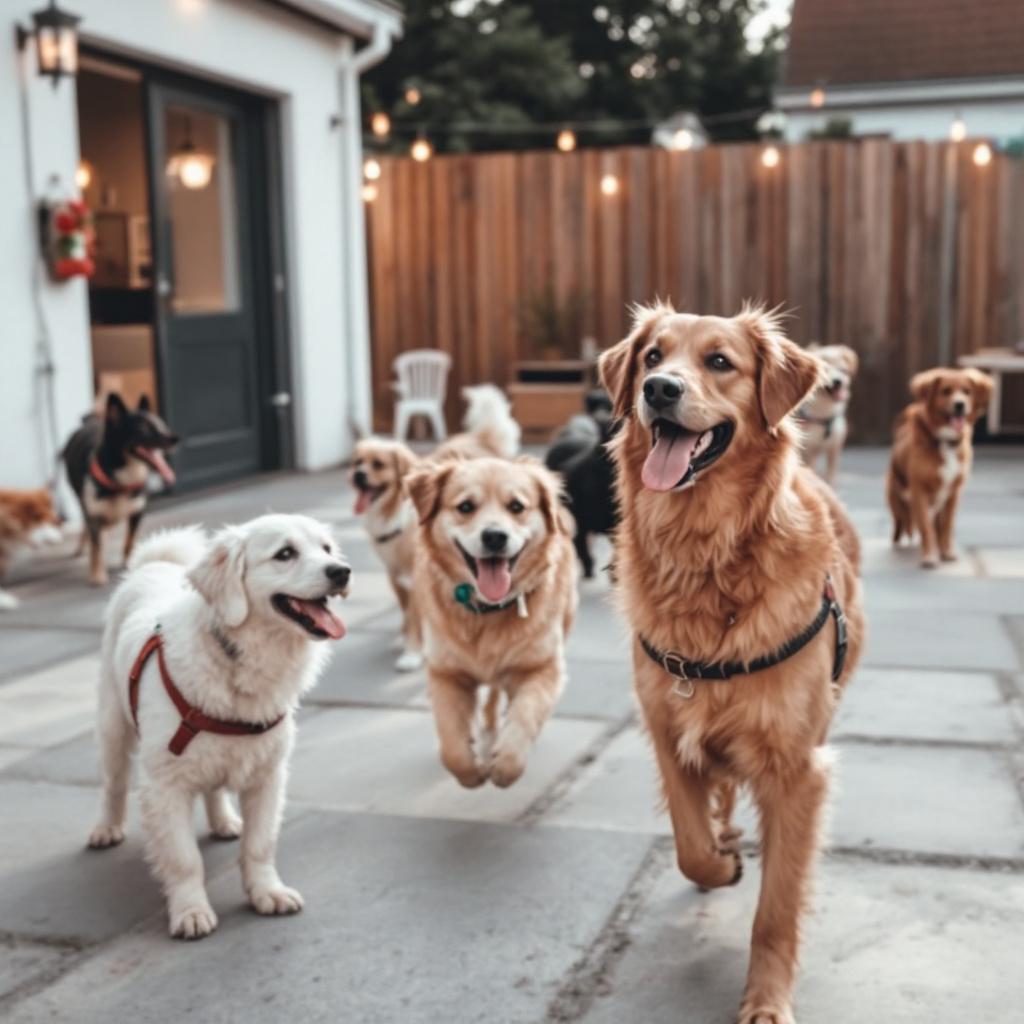 Chiens jouant dans un espace extérieur d’une pension canine au Havre