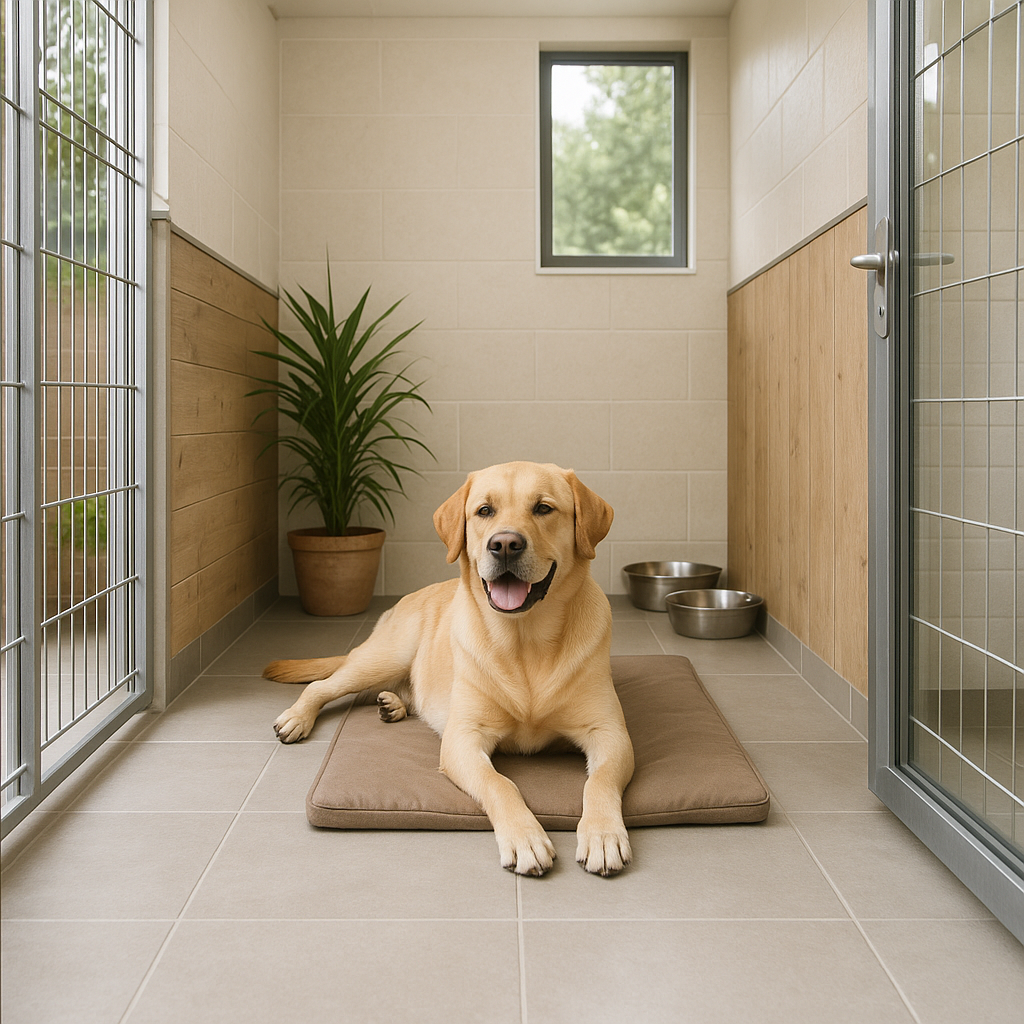Chien dans un box individuel confortable
