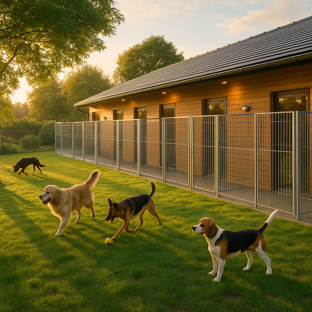 Chiens dans un chenil haut de gamme à Nantes avec espace vert et box individuels
