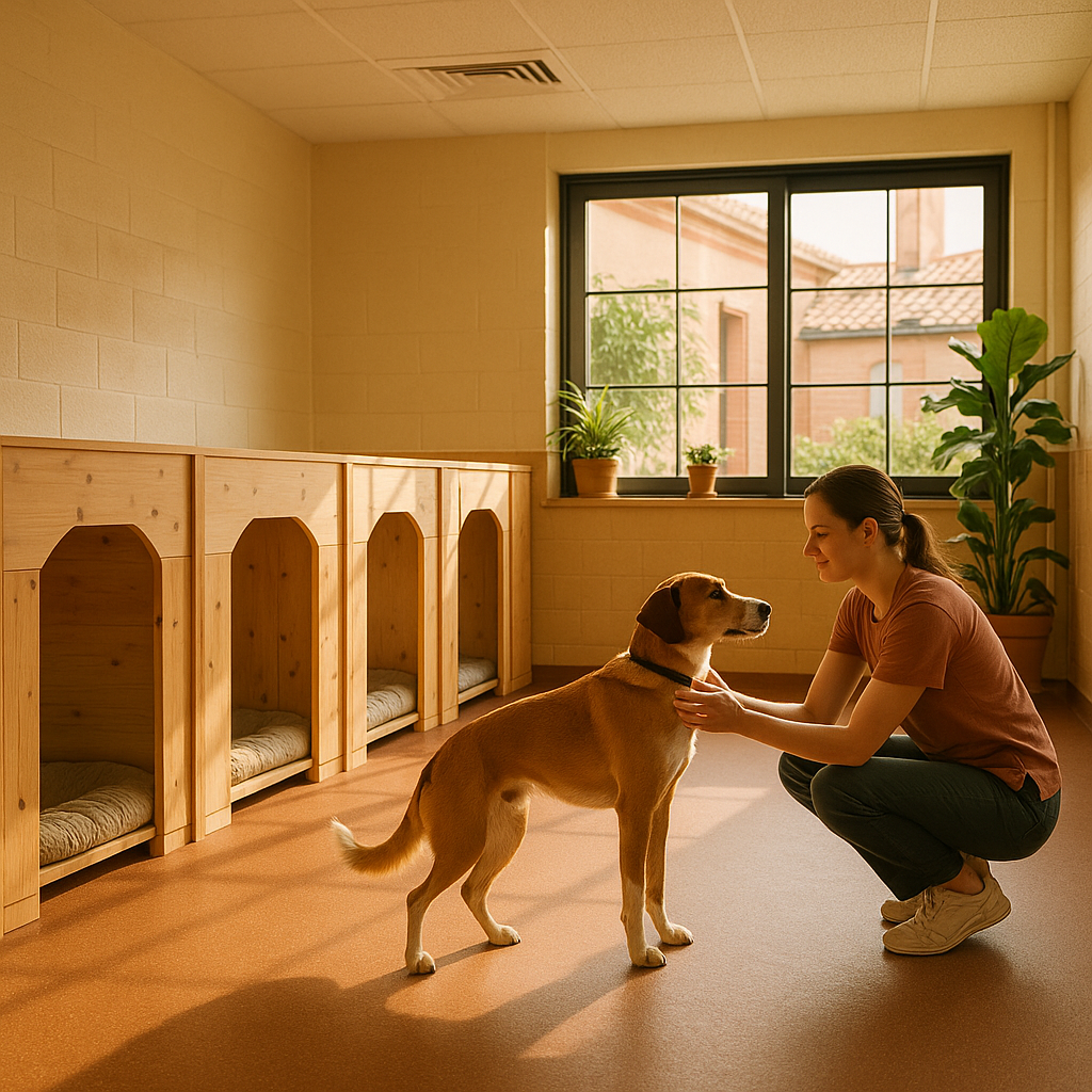 Intérieur d'une pension canine propre avec boxes individuels et aire de jeux