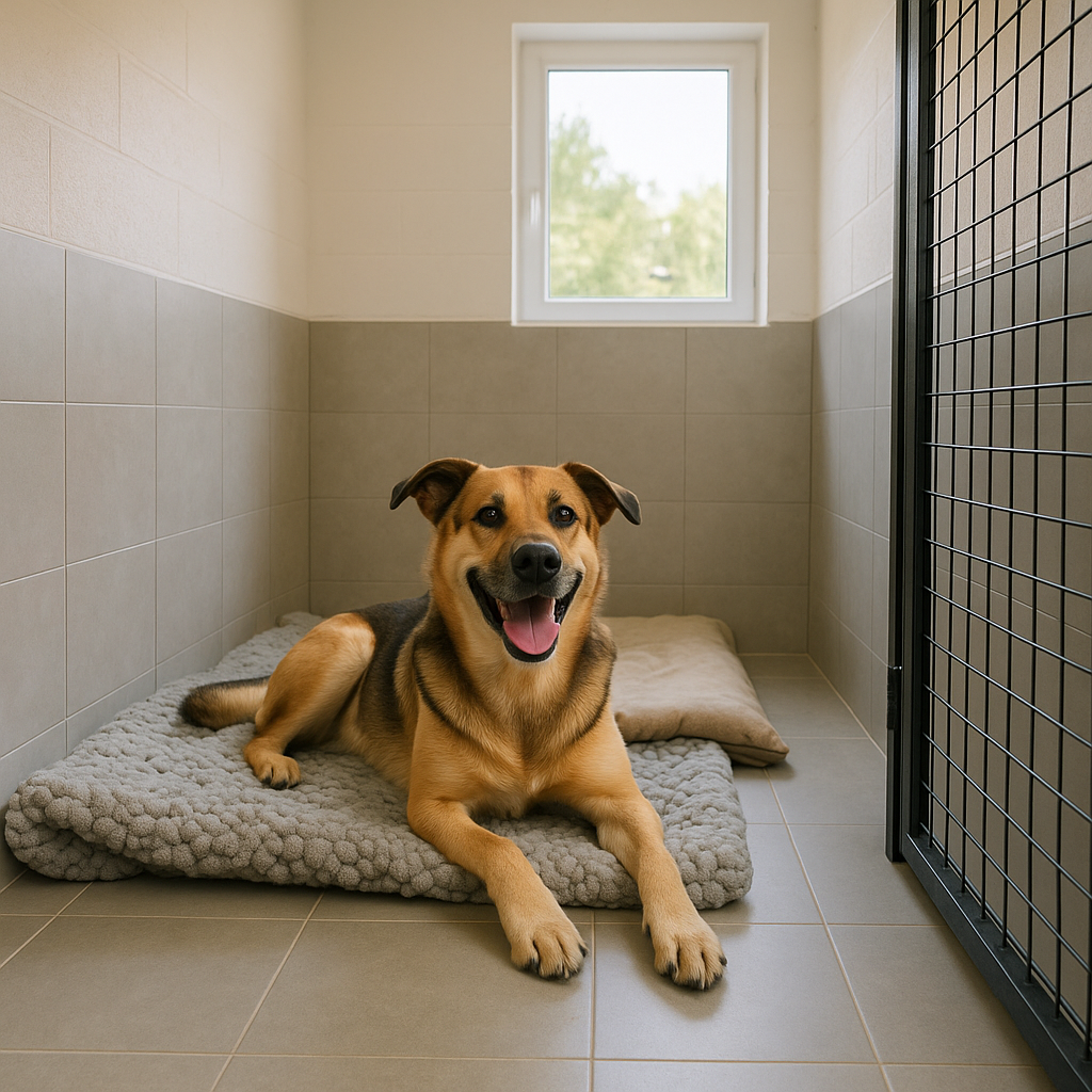 Chien dans un box individuel spacieux et confortable en pension canine à Tours