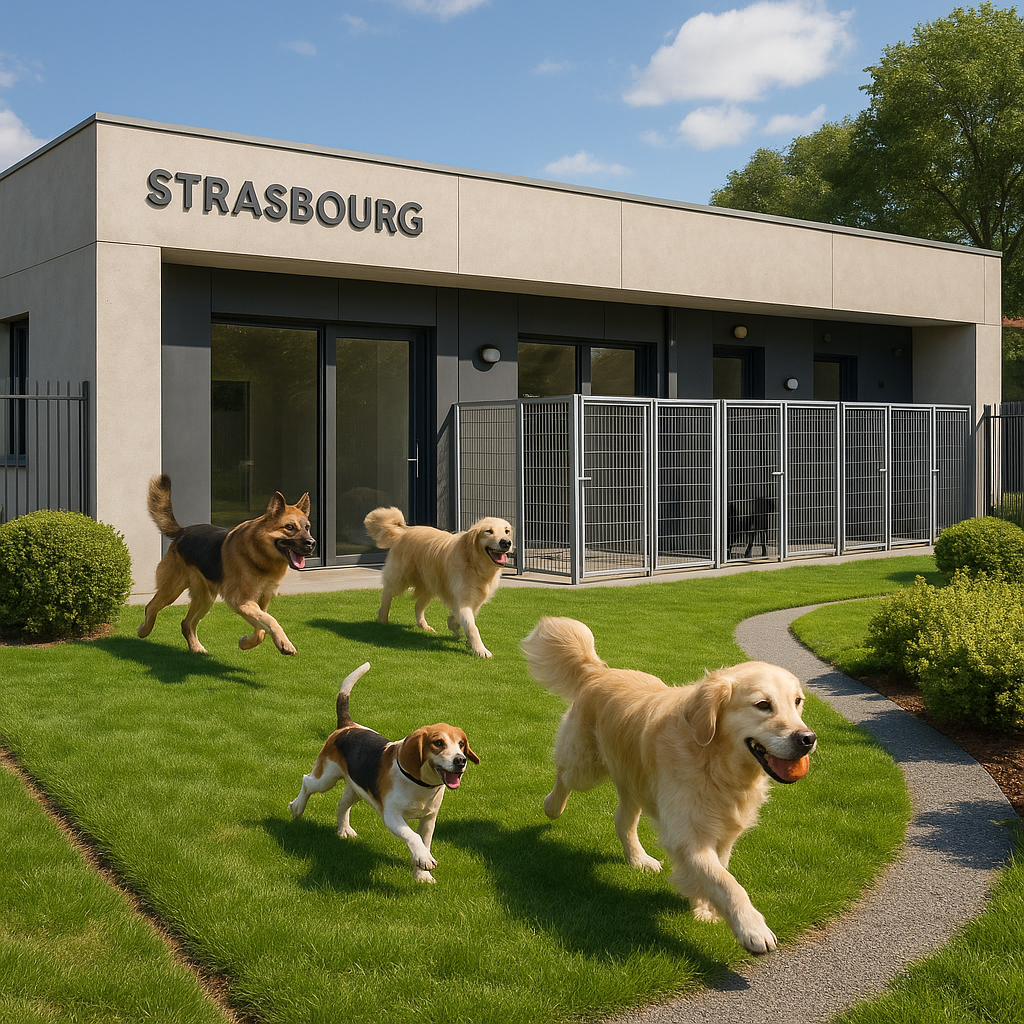 Chiens jouant dans une pension canine à Strasbourg, espace extérieur bien entretenu