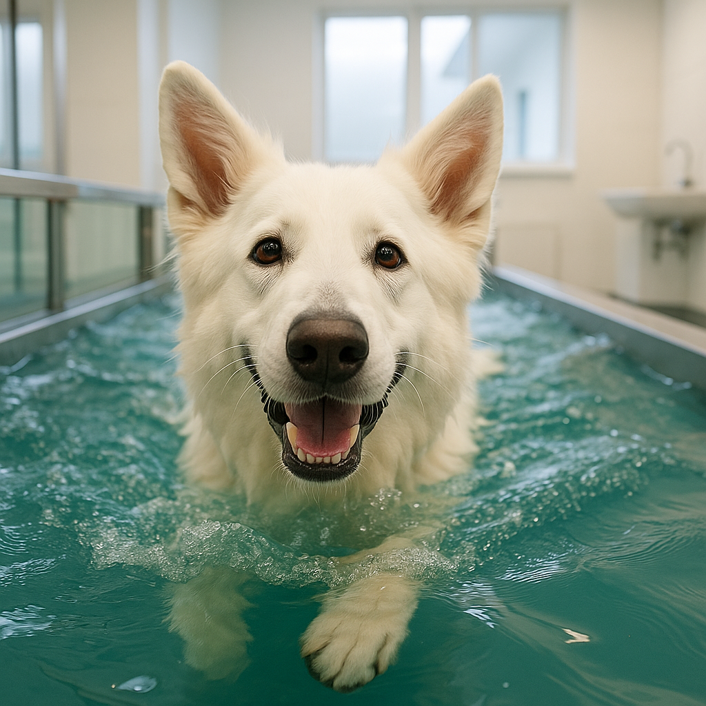 Swiss Shepherd dog undergoing hydrotherapy in a canine rehabilitation pool.