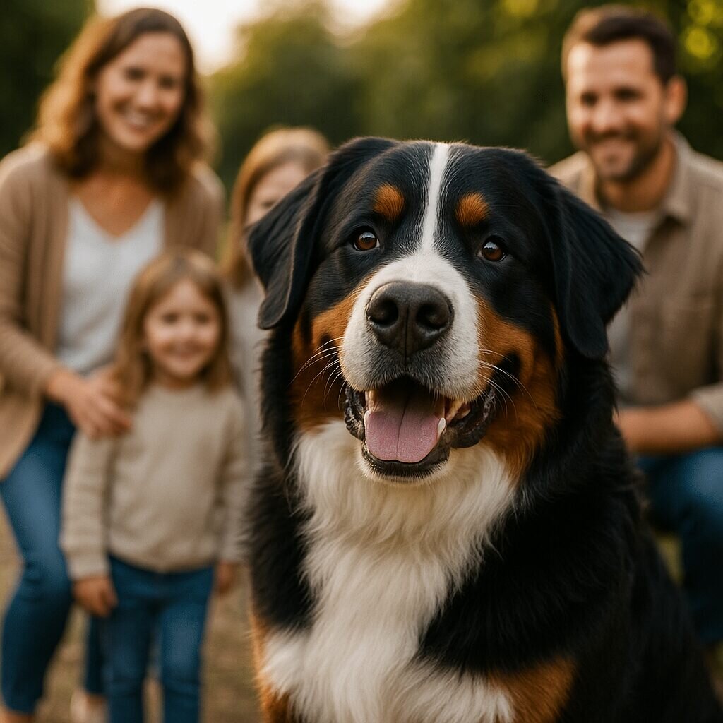 Porträt eines Bernersennenhundes inmitten einer Familie bei einem Spaziergang, ruhiger und sozialer Ausdruck