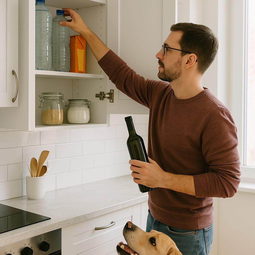 Propriétaire rangeant des produits hors de portée du chien