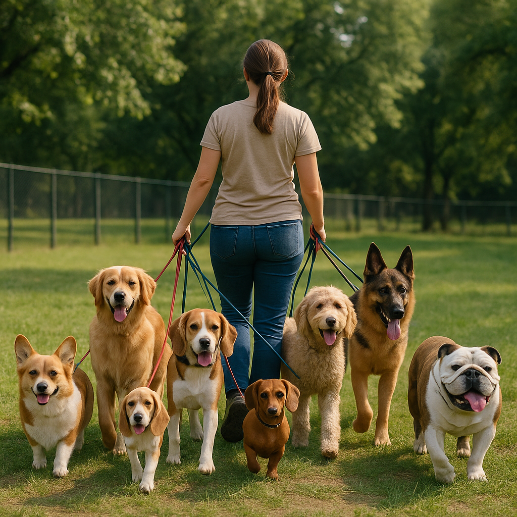 Groupe de chiens se promenant dans un parc clôturé