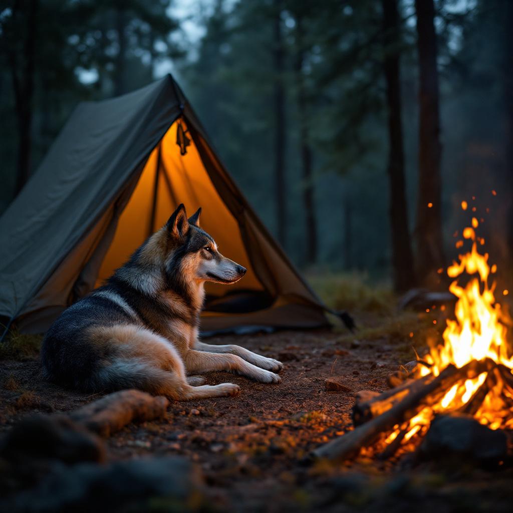 Saarloos Wolfdog au campement, près d'une tente et d'un feu de camp