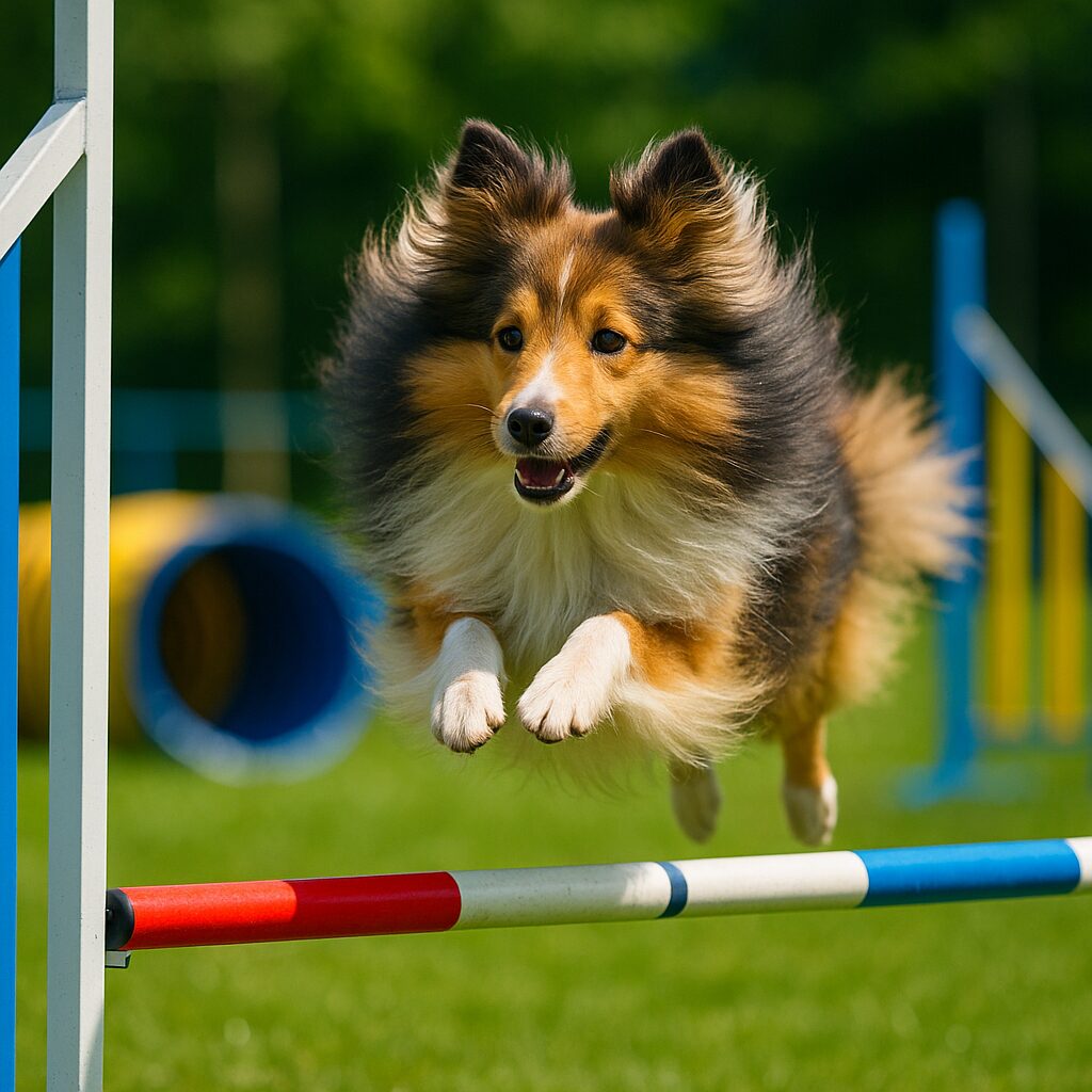 Shetland Sheepdog franchissant un obstacle en agility
