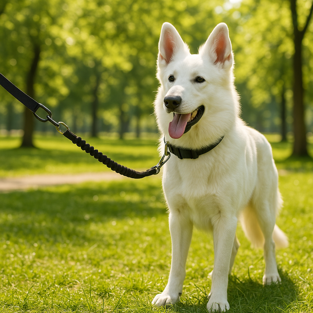 Shock-absorbing leash attached to a Swiss Shepherd in a park