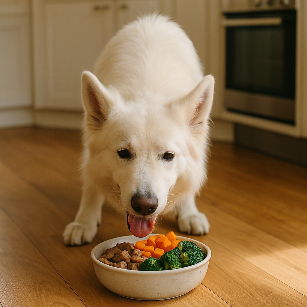 Swiss Shepherd eating from a balanced food bowl