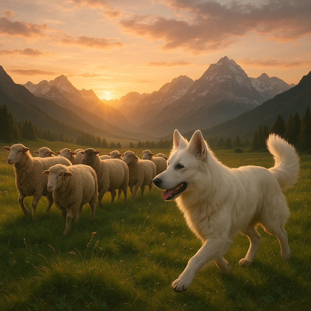 Swiss Shepherd Dog herding sheep in Alpine meadow