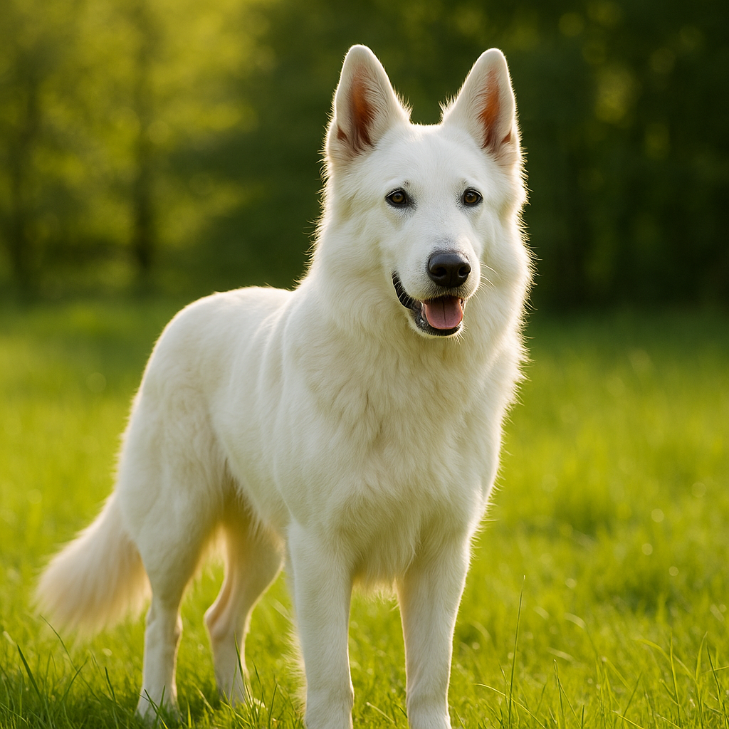 White Swiss Shepherd standing in a green field