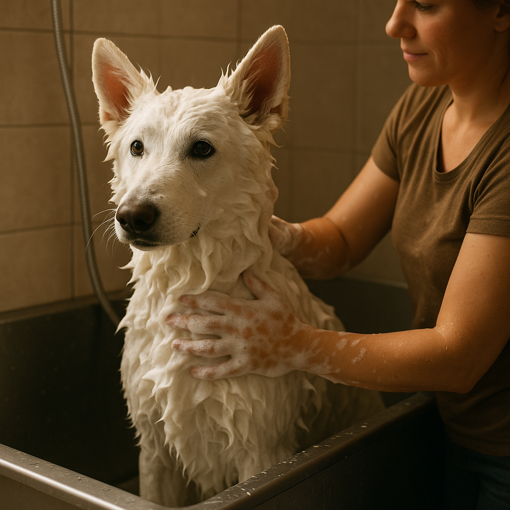 Bathing a Swiss Shepherd in a tub