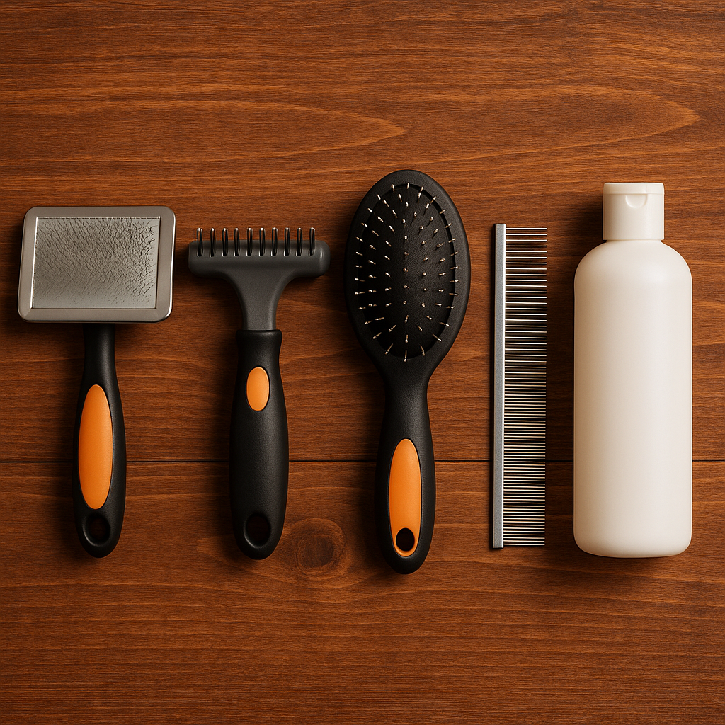 Grooming tools laid out for Swiss Shepherd