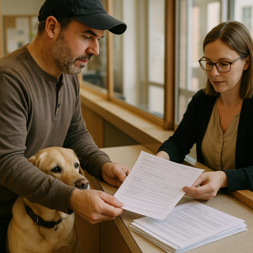 Propriétaire de chien discutant à la mairie et présentant des papiers pour la déclaration