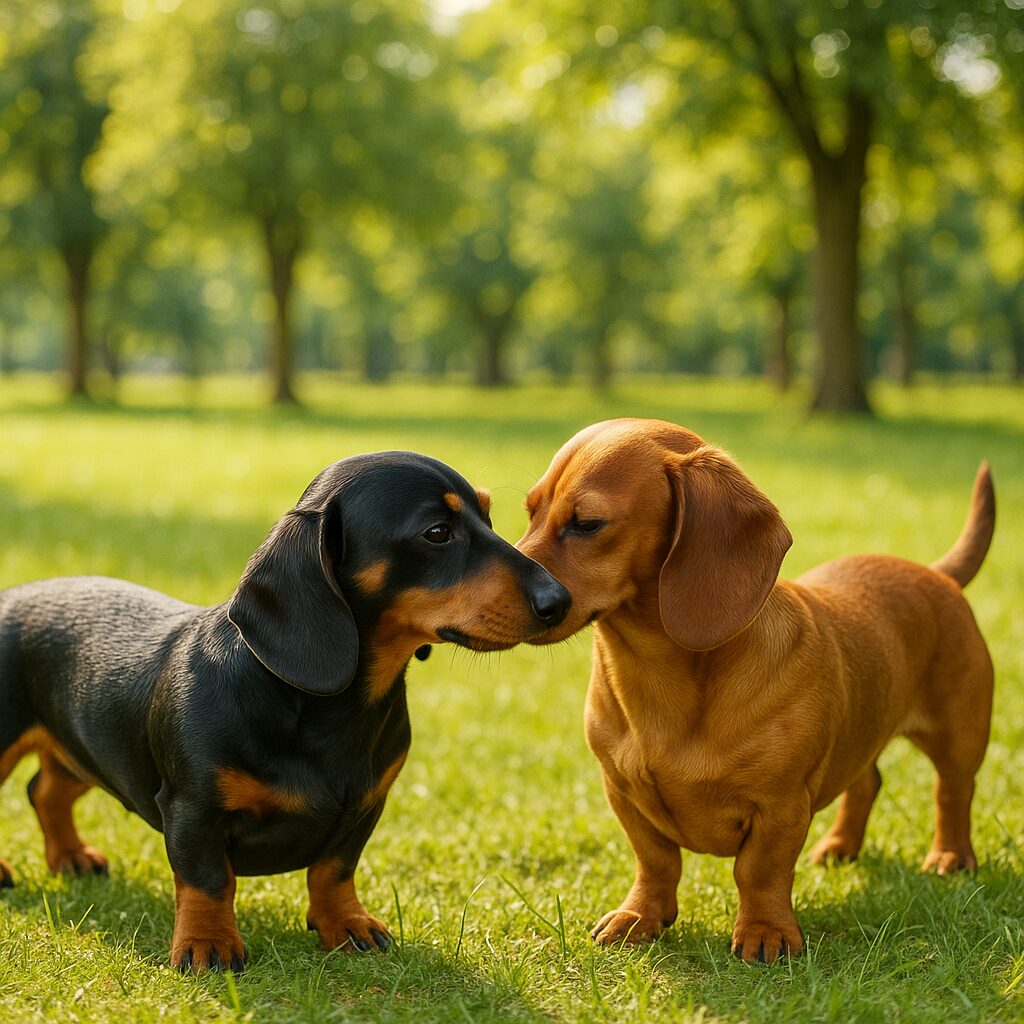 Teckel nain reniflant un autre chien dans un parc dégagé