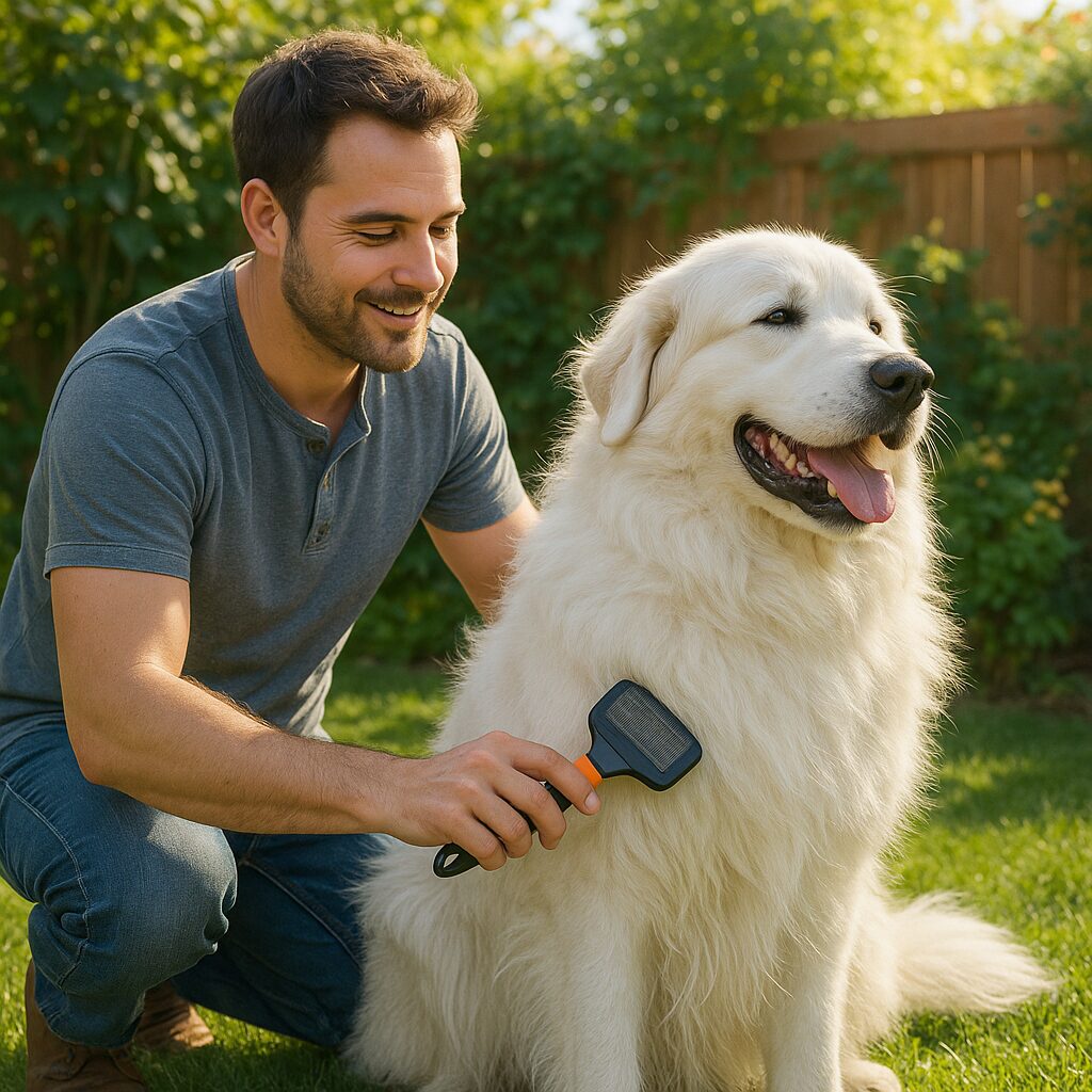 Propriétaire brossant un Great Pyrenees à l'extérieur