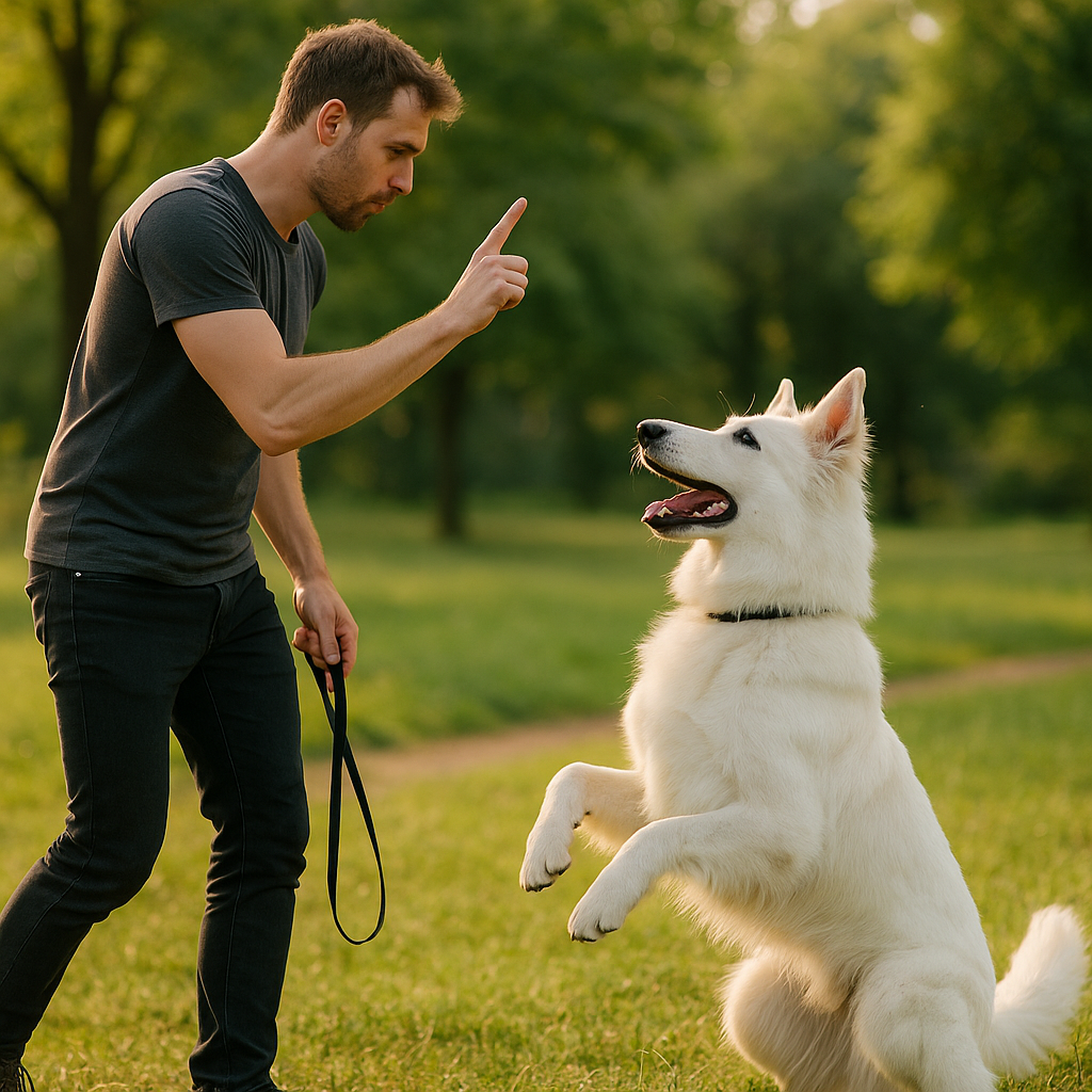 Owner training Swiss Shepherd outdoors in short session