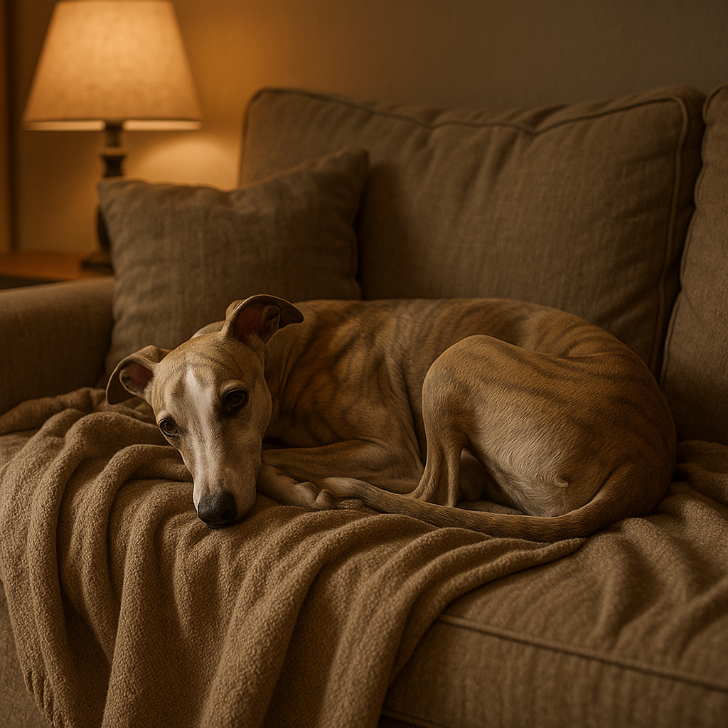 Whippet allongé sur un canapé, couverture douce et lumière tamisée