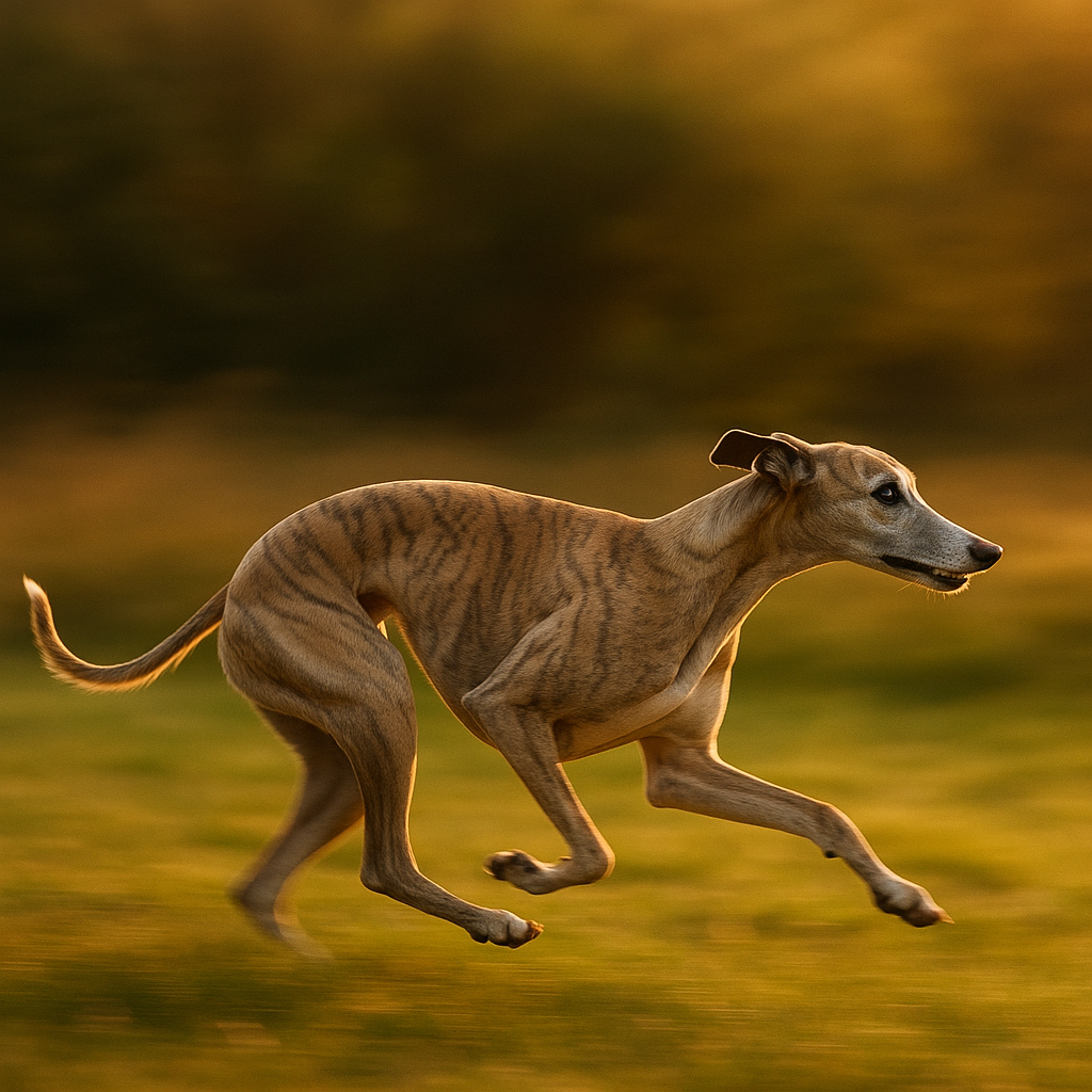 Whippet en plein sprint dans un champ, muscles profilés, fond flou