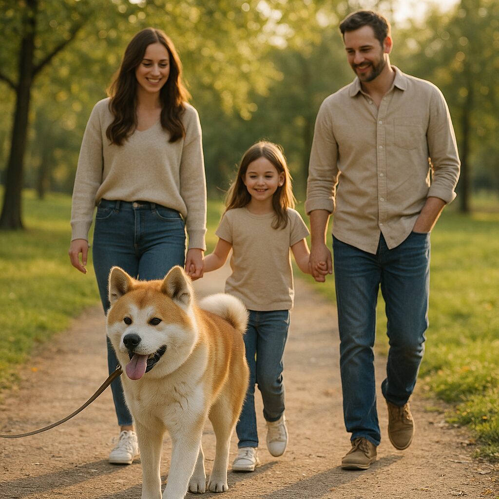 Akita Inu marchant calmement à côté d'une famille en extérieur, atmosphère sereine