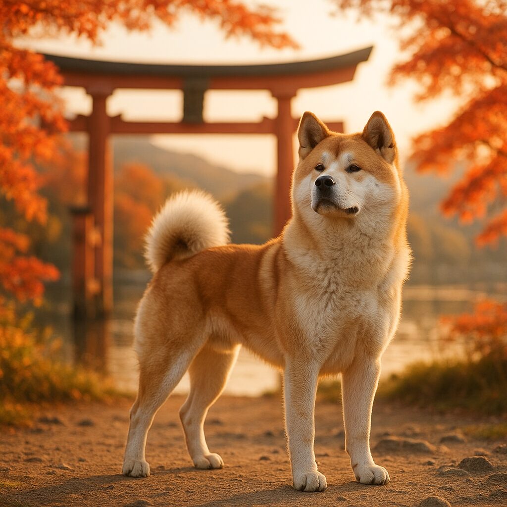 Akita Inu debout devant un paysage japonais traditionnel, port noble