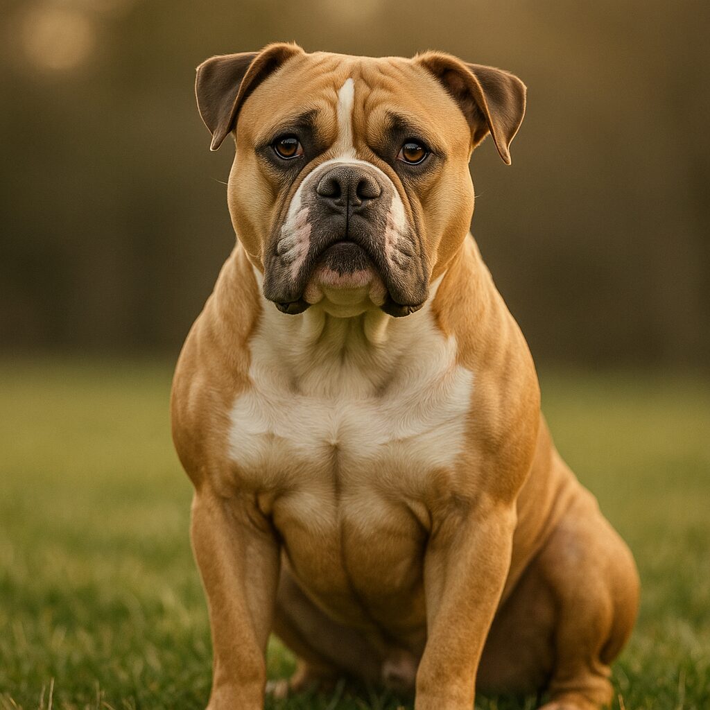 Portrait d'un American Bulldog assis, visage expressif et musculature visible