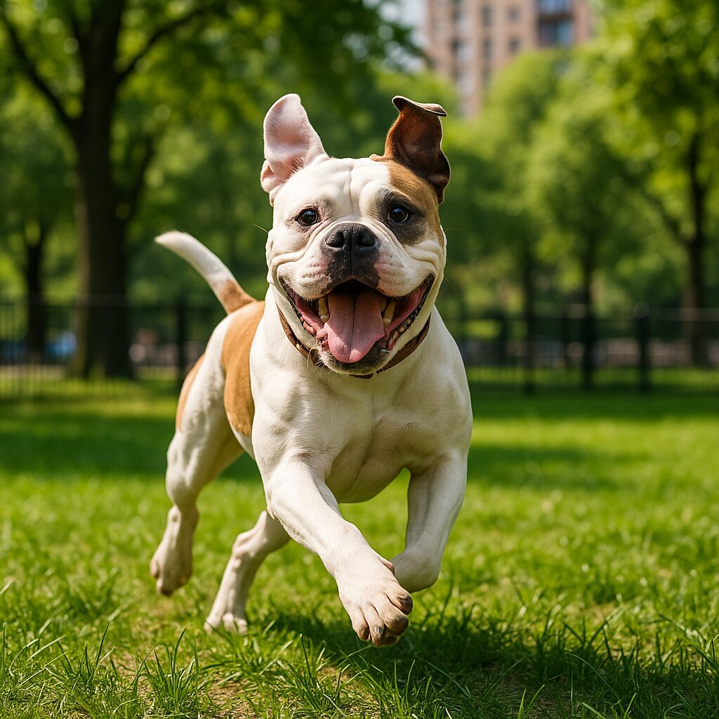 American Bulldog courant dans un parc, en pleine forme pendant un exercice de rappel