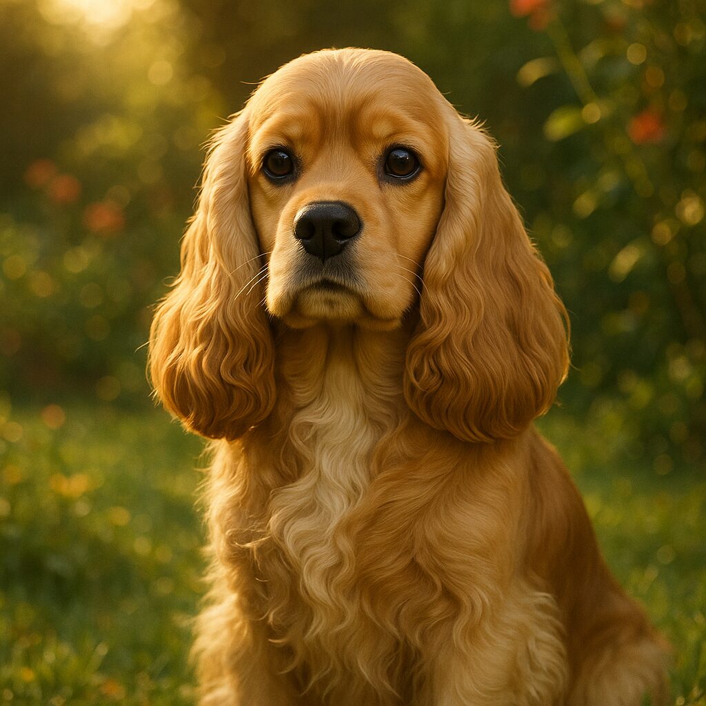 American Cocker Spaniel assis dans un jardin ensoleillé