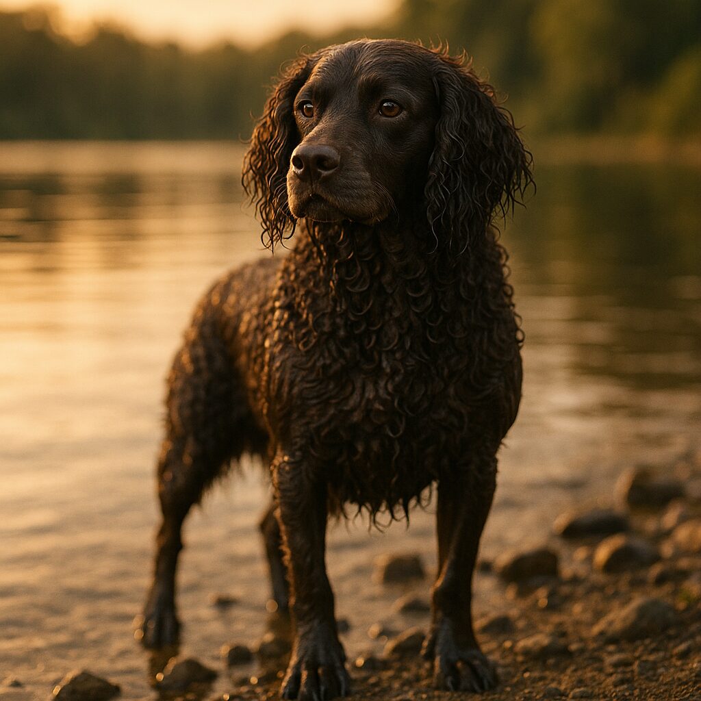 Portrait d'un American Water Spaniel sur un rivage, poil bouclé humide