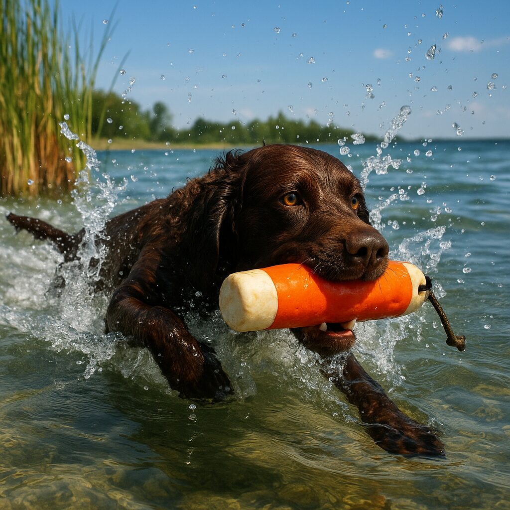 American Water Spaniel nageant pour rapporter un dummy lors d'une session d'entraînement