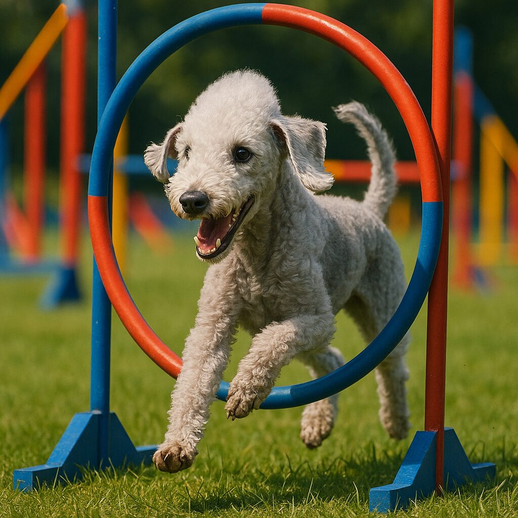 Bedlington Terrier en plein exercice d’agilité dans un parcours