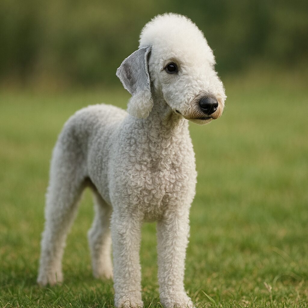 Bedlington Terrier au pelage laineux debout sur une pelouse